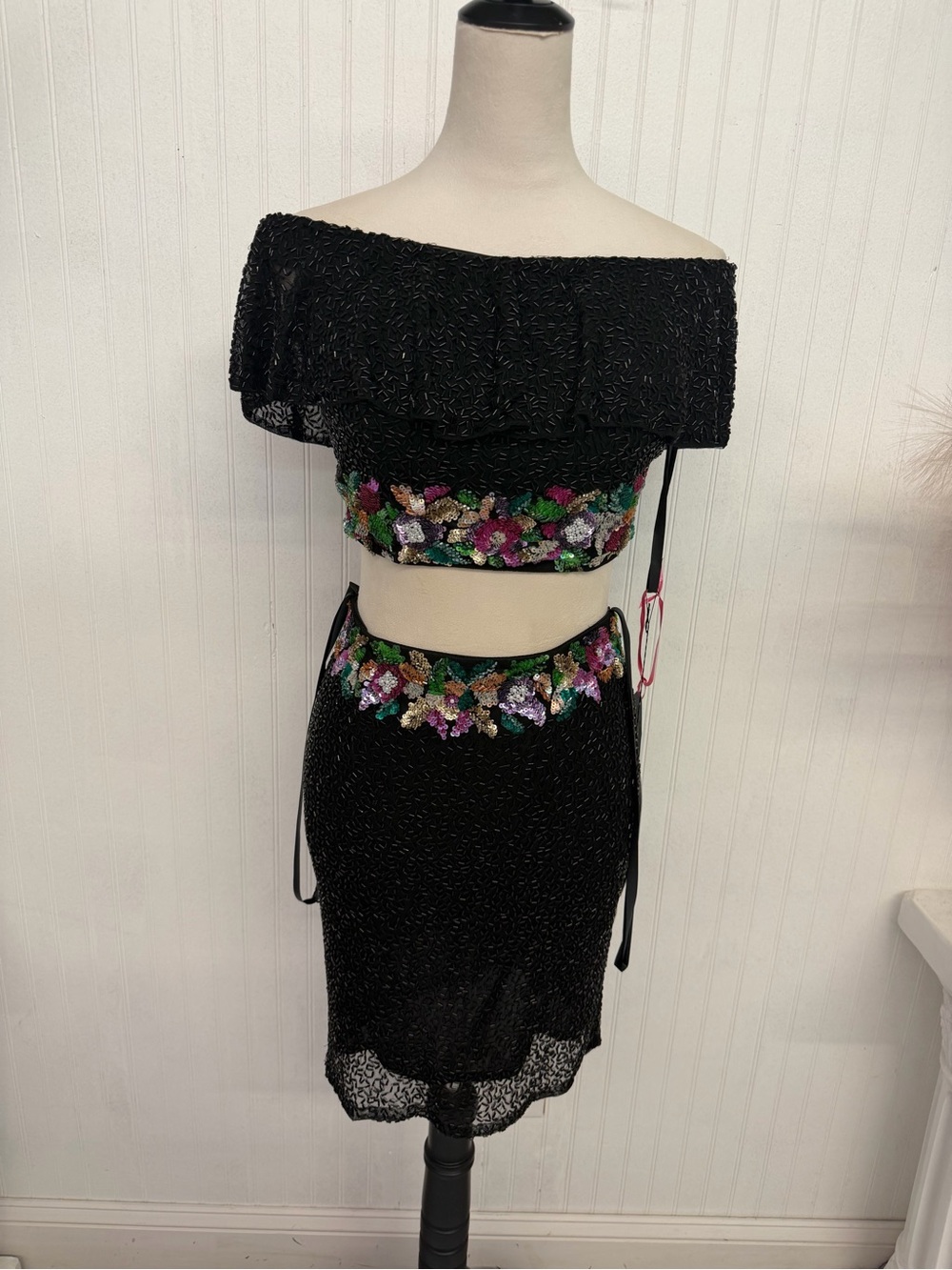 Primavera Couture Black Sequin Mini Skirt with Multicolor Floral Trim
